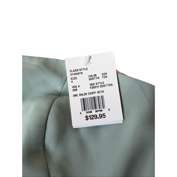 NEW David’s Bridal Chiffon One Shoulder Maxi Dress with Cascade Size 4 Green Dus - Picture 8 of 10